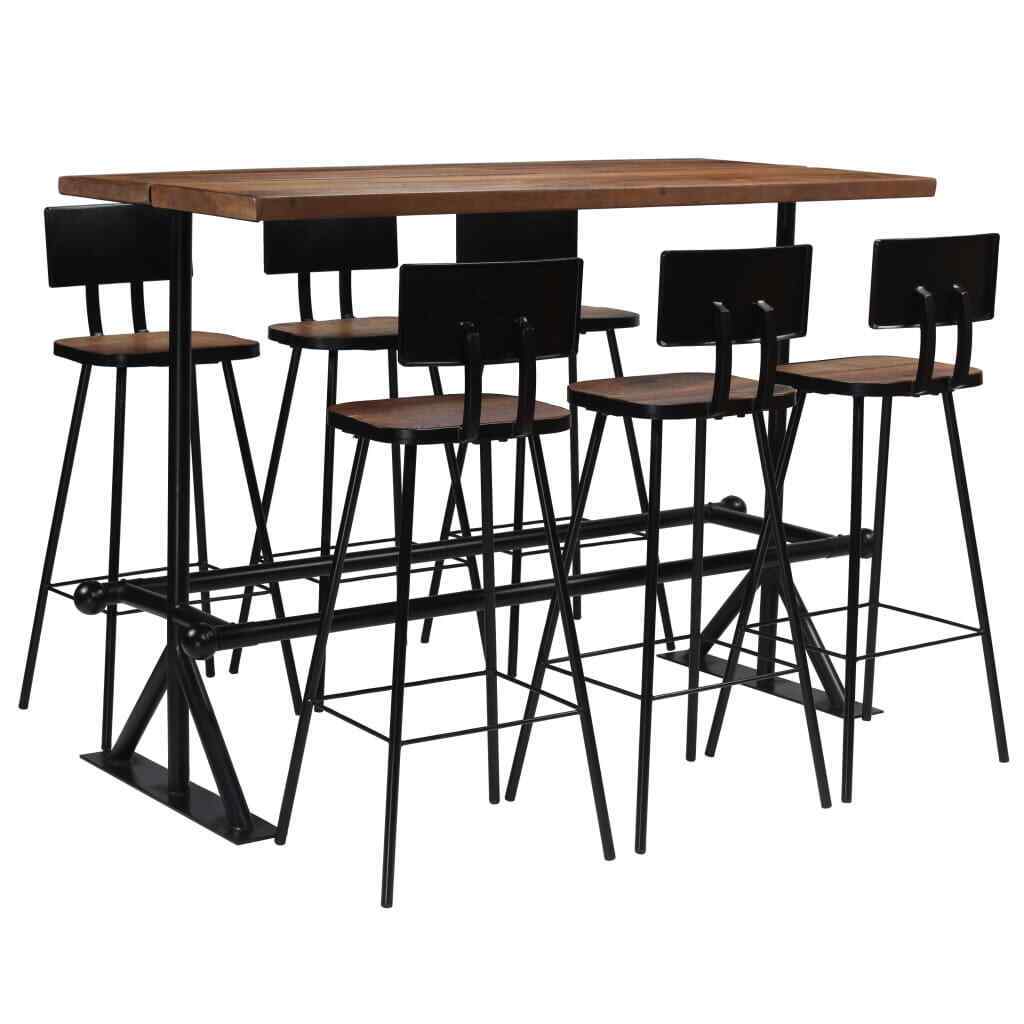 7 Pcs Retro Bar Table And Chair Set 6-Seater Chairs Stools Steel Frame Wood Top