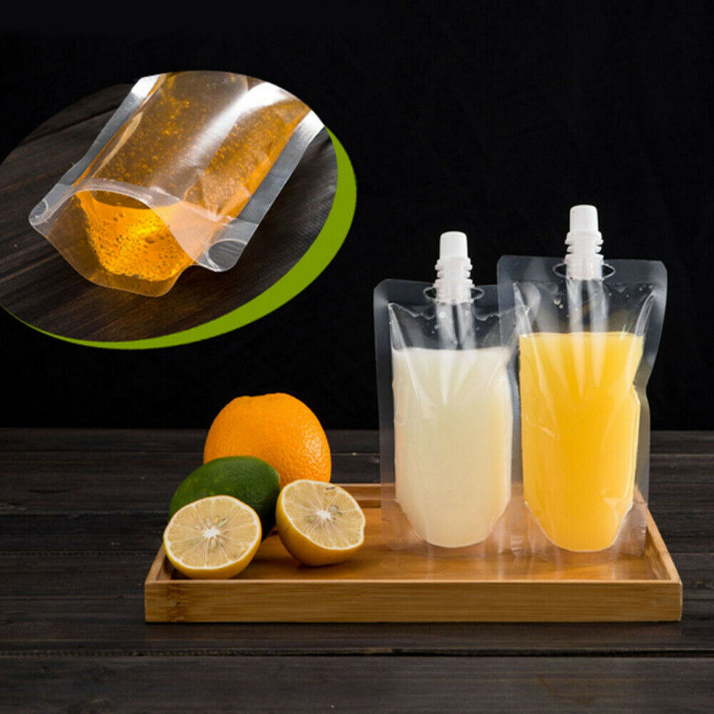 10PCS 250ML Clear Plastic Spout Flask Bladder Bags Alcohol Pouch Leak Proof Cap