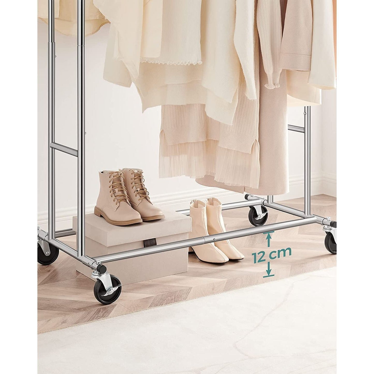 Metal Clothes Rack Stand on Wheels Heavy Duty Silver