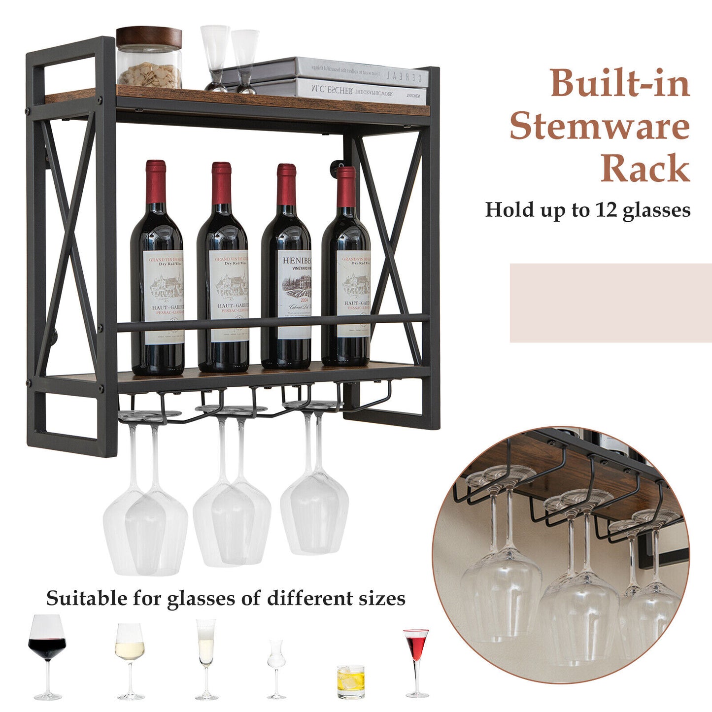 Giantex Industrial Wall Mounted Wine Rack, 2-Tier Wine Shelf, Rustic Brown