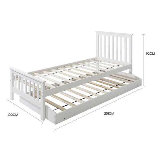 Wooden Single Bed Frame w/ Pop Up Trundle White Kids Bedroom