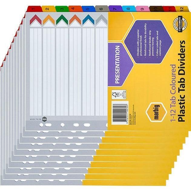 10 Pack Marbig Index Divider Manilla 1-12 Numbers Tab A4 Assorted Bulk