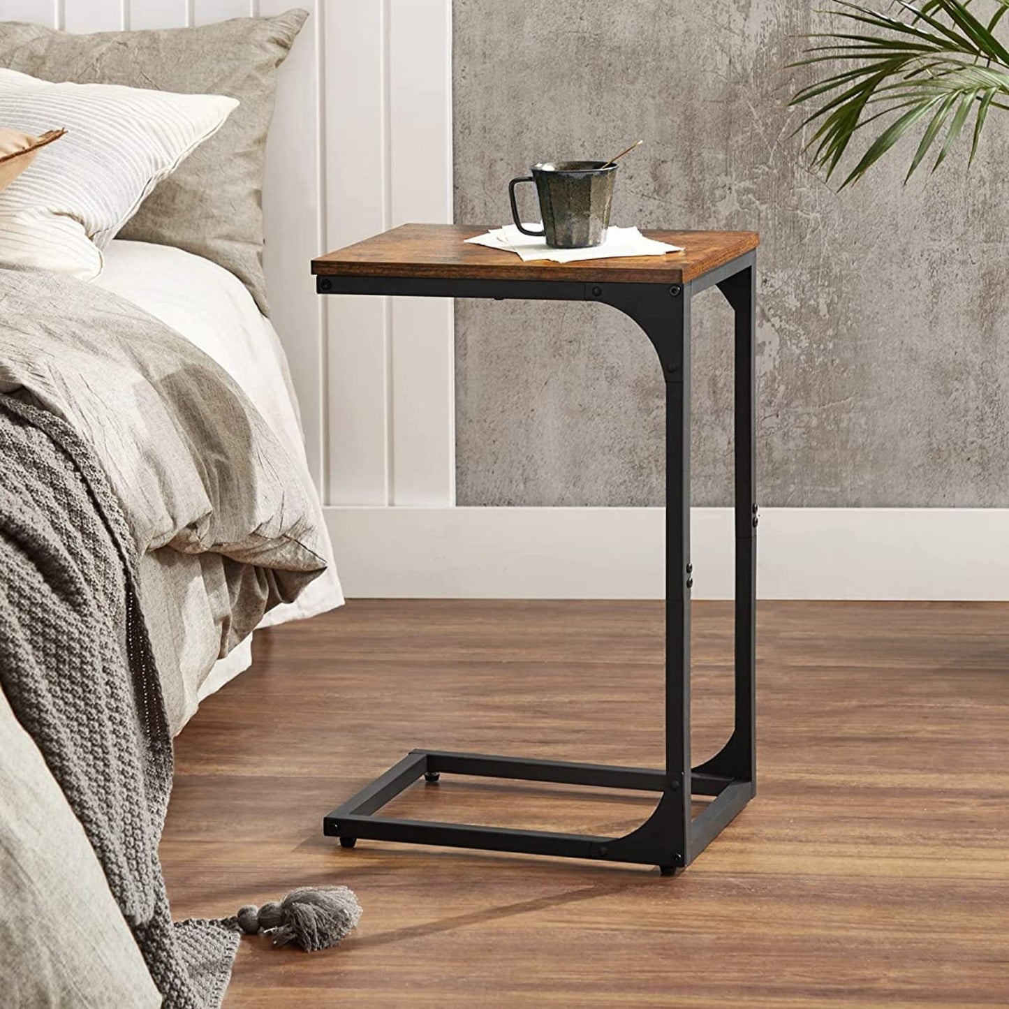 Vasagle C-Shaped Slim End Table with Metal Frame Rustic Brown and Black