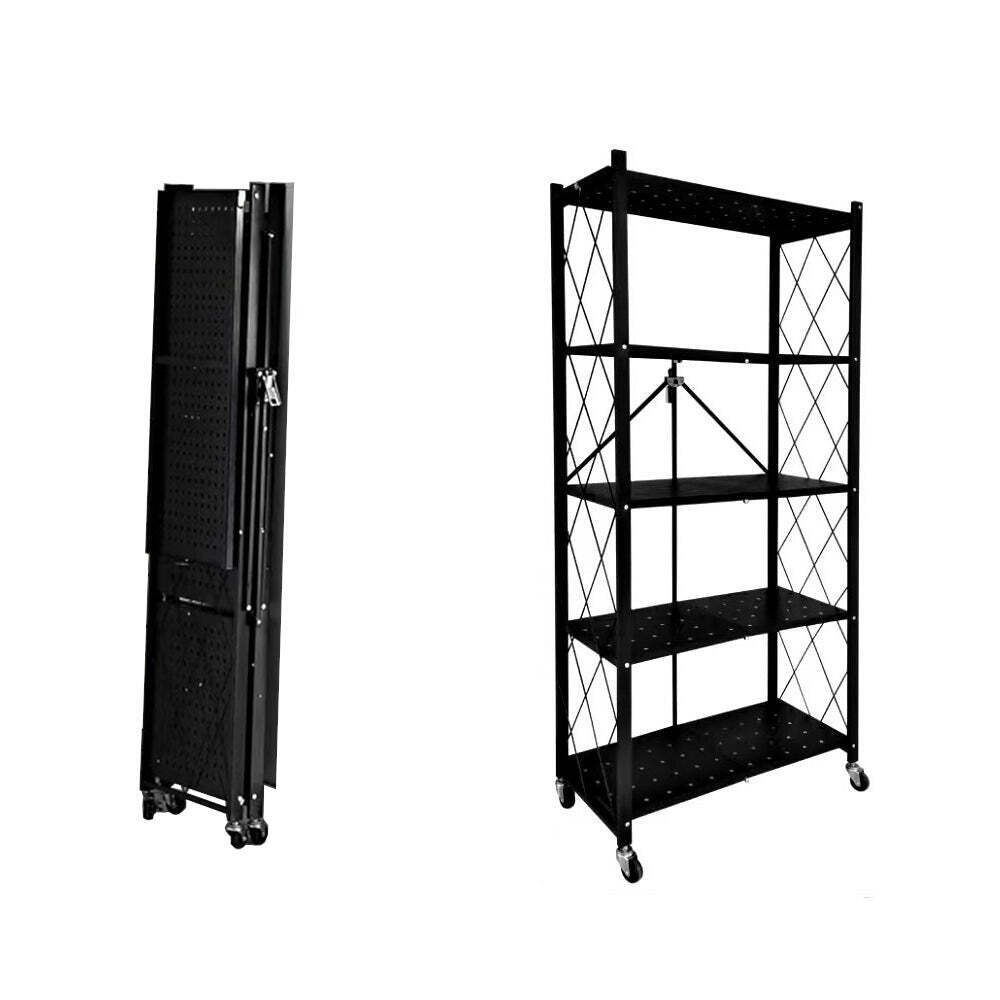 Foret Bookshelf Foldable Shelf Metal Display Rack Kitchen Wheels Storage 5 Tier