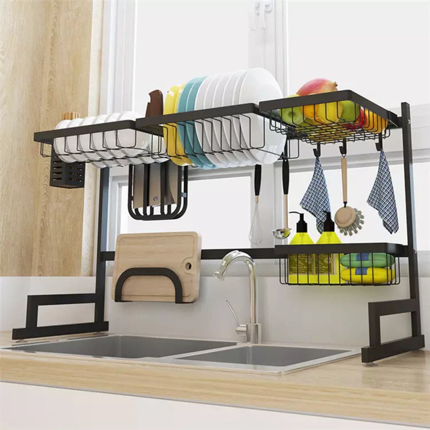 Gominimo Dish Drying Rack Over Sinks Adjustable Kitchen Organiser Black