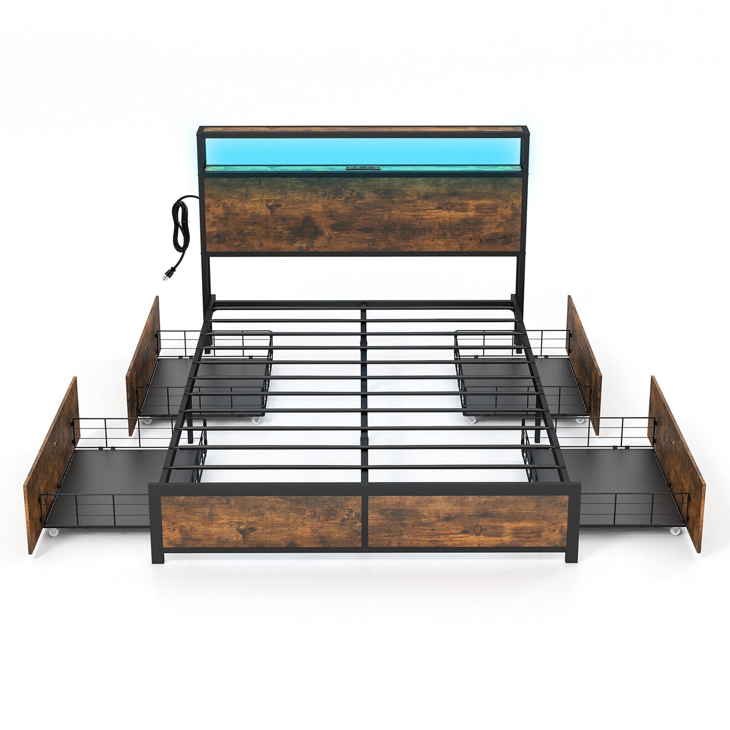 Queen Metal Bed Frame w/ Smart LED Lights & Charging Station Rustic Brown