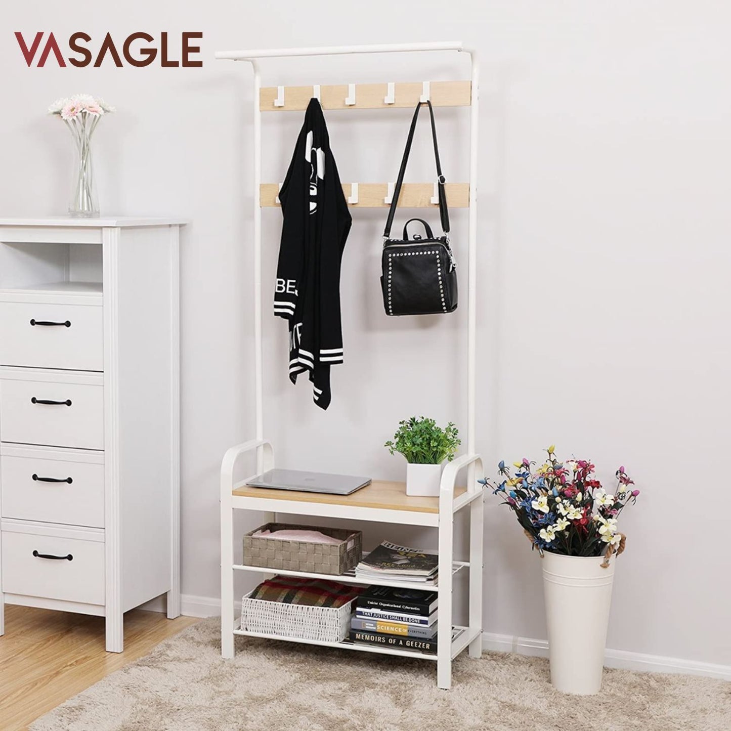 Vasagle Coat Clothes Rack Stand Garment Hanger Closet Shoe Organiser Cream