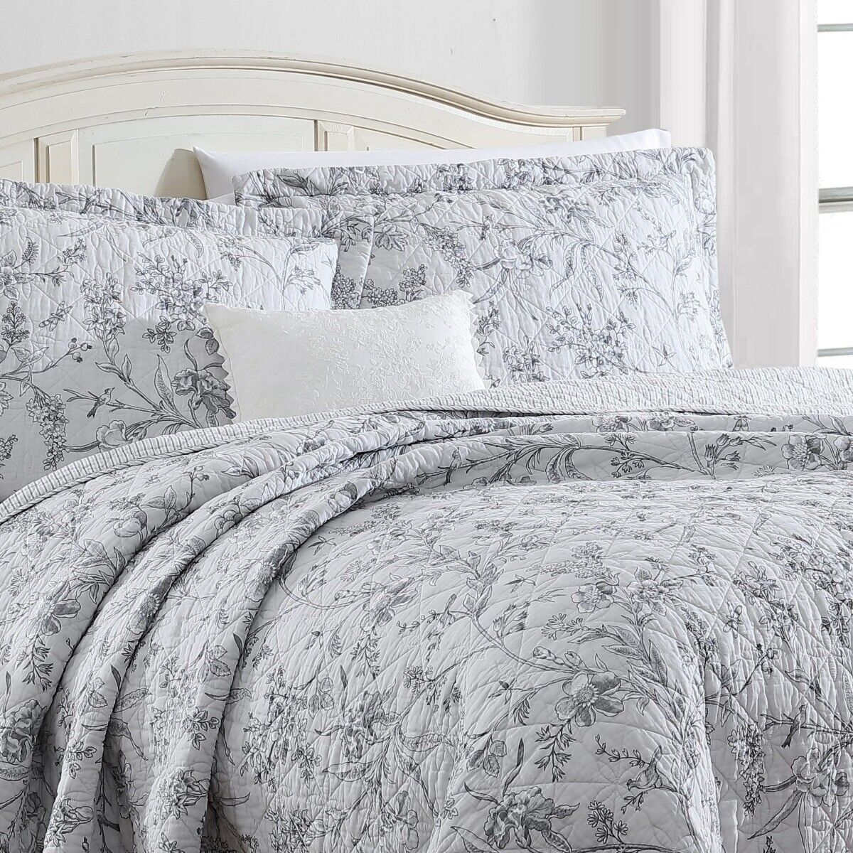 Laura Ashley Branch Toile Printed Coverlet Set - Grey