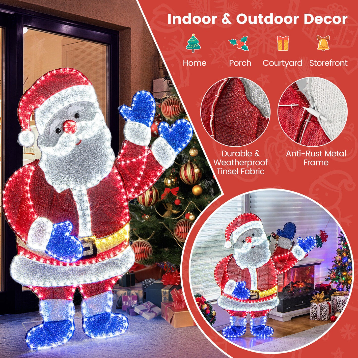 Lighted Santa Claus Xmas Decor 125 CM Pre-Lit Xmas Santa Claus Figure with