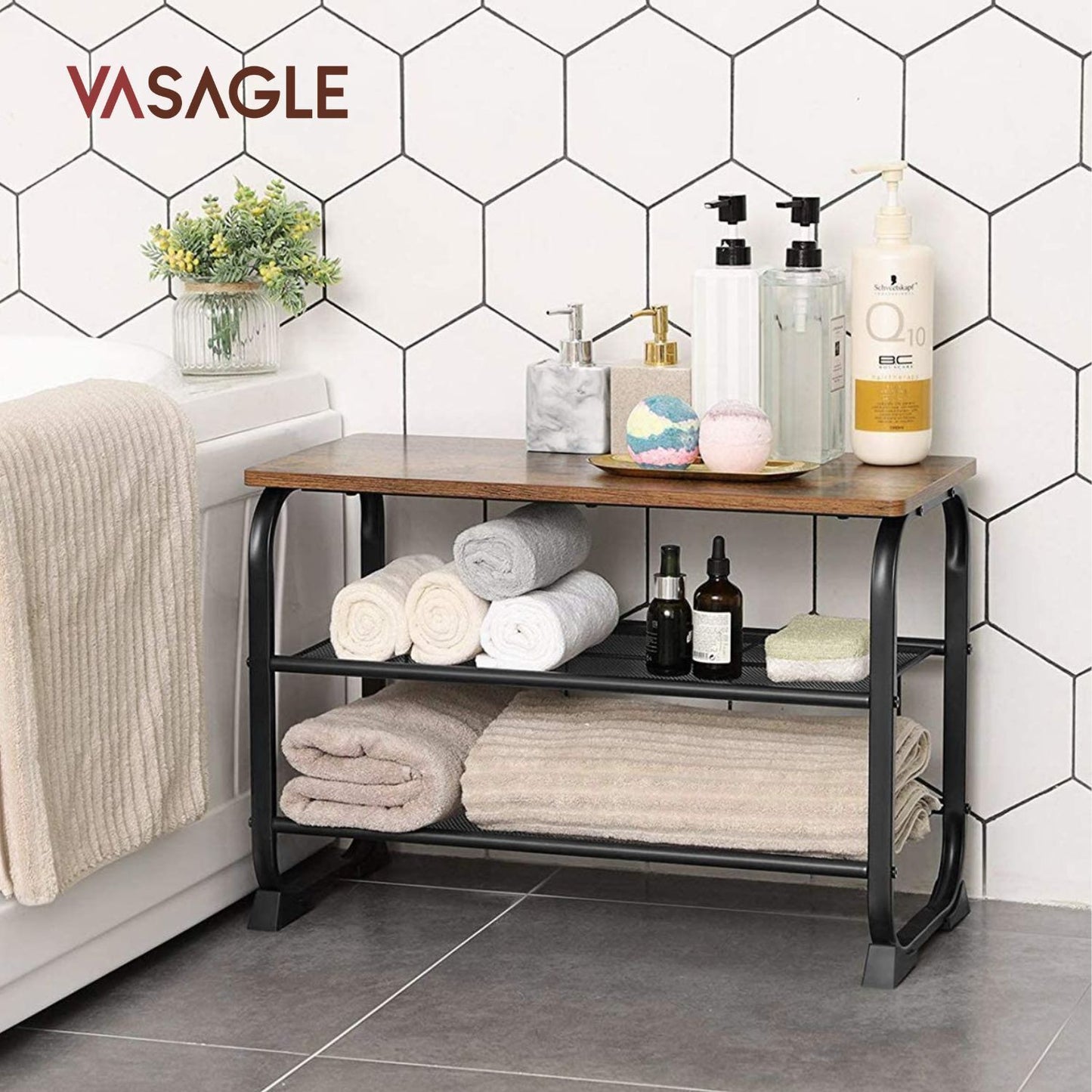 Vasagle Shoe Bench with 2 Mesh Shelves Rounded Iron Frame Rustic Brown