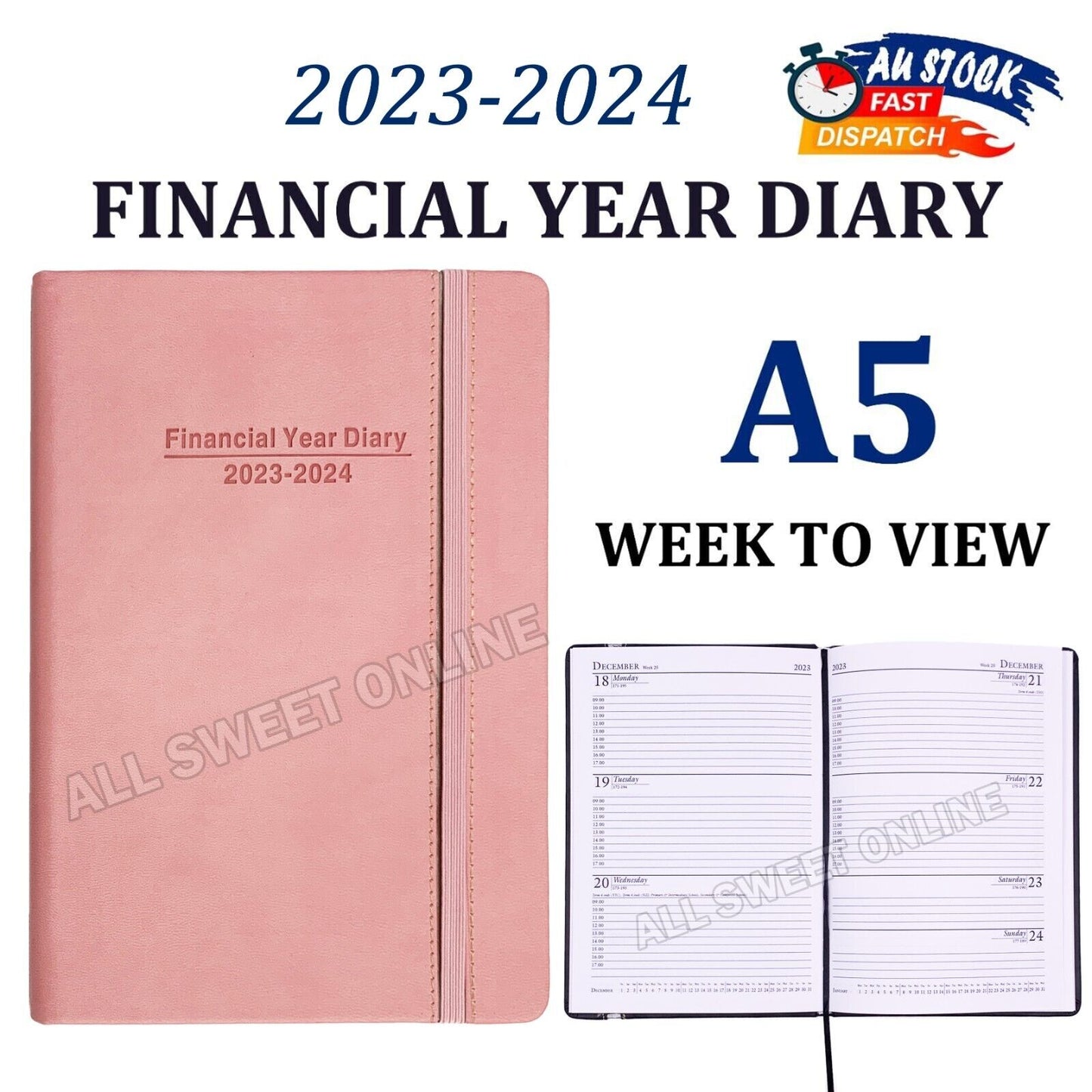 2023 2024 Financial Year Diary Pink Week To View A5 Hard Cover Elastic Band WTV