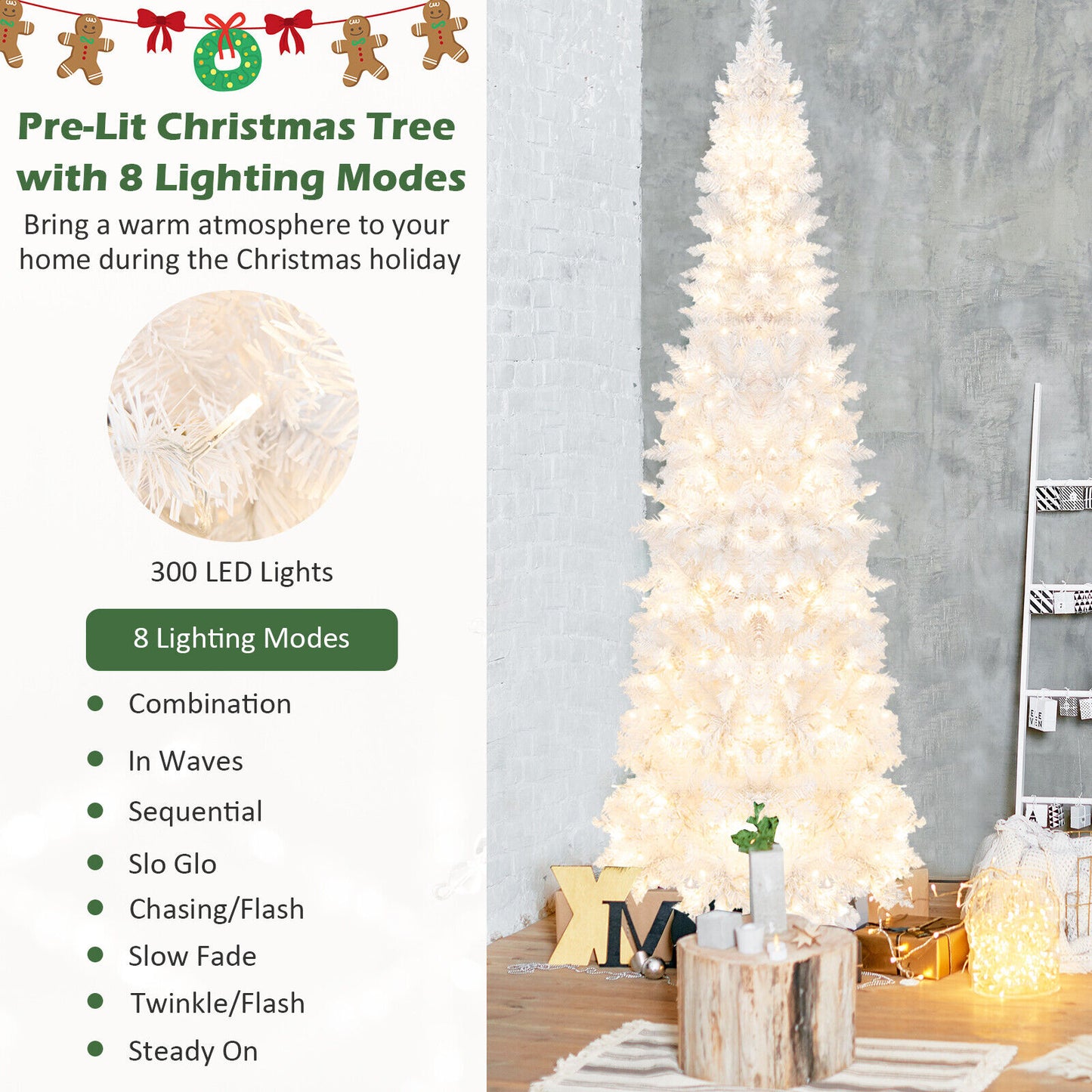 2.1M Pre-Lit White Christmas Tree Slim Pencil Artificial Hinged Xmas Tree Xmas