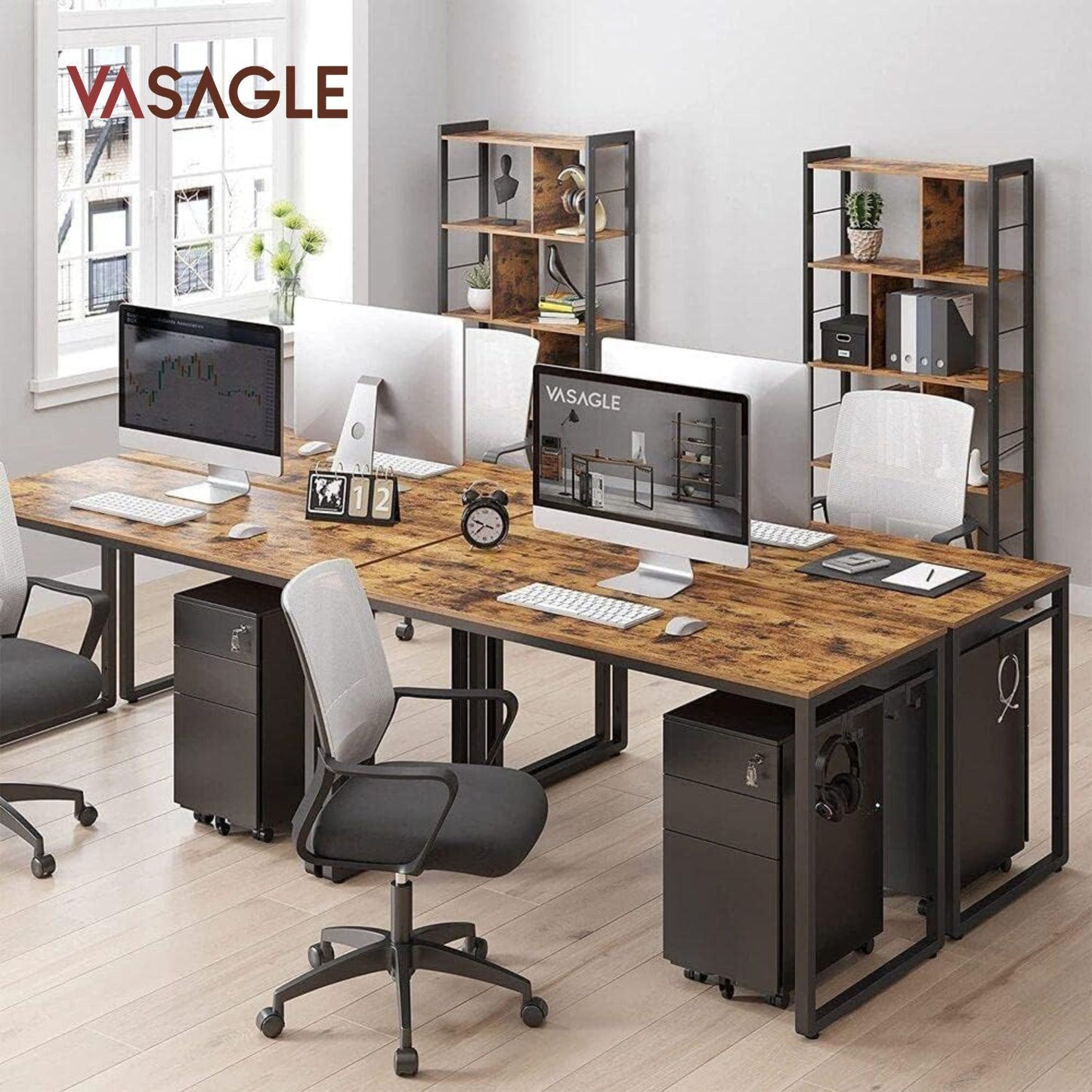 Vasagle Rustic Brown and Black Computer Desk with 8 Hooks 140cm