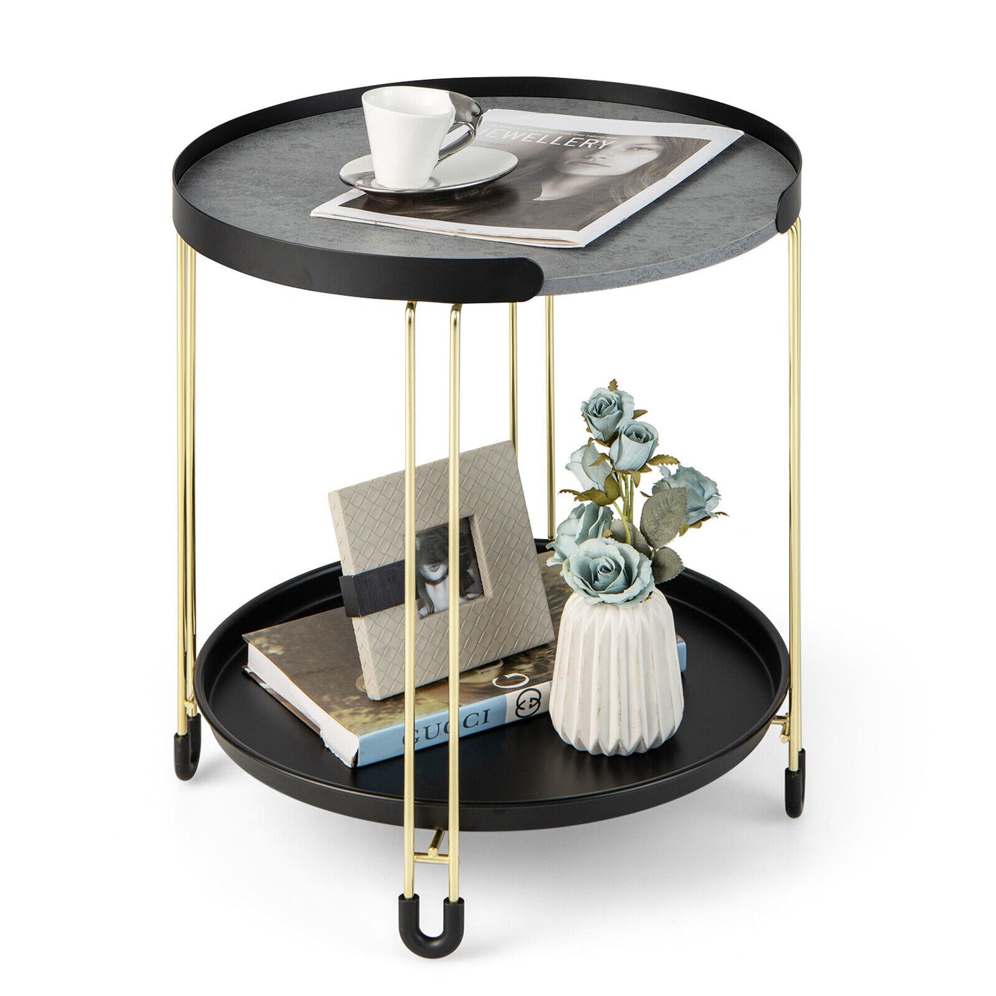 2-Tier Side End Table Round Nightstand Gold Frame for Living Room Bedroom