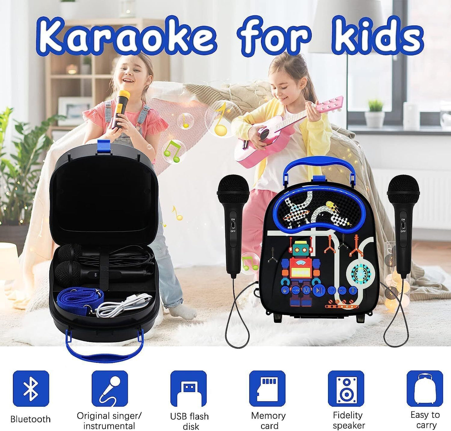 Gominimo Kids Portable Karaoke Two Microphones Rectangle, Black Robot