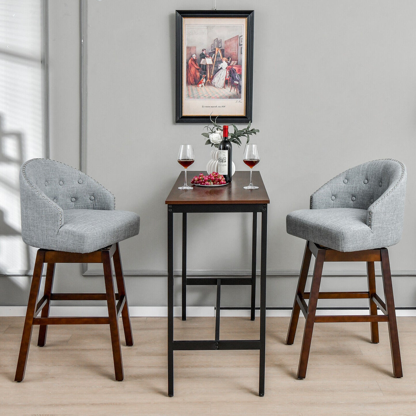 Set of 2 Swivel Bar Stools Tufted Bar Height Pub Chairs w/ Rubber Wood Legs