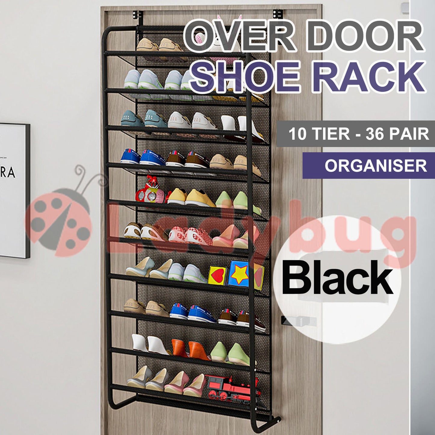 10 Tier 36 Pair Over The Door Shoe Organiser Hanging Shoe Storage Shelf Black