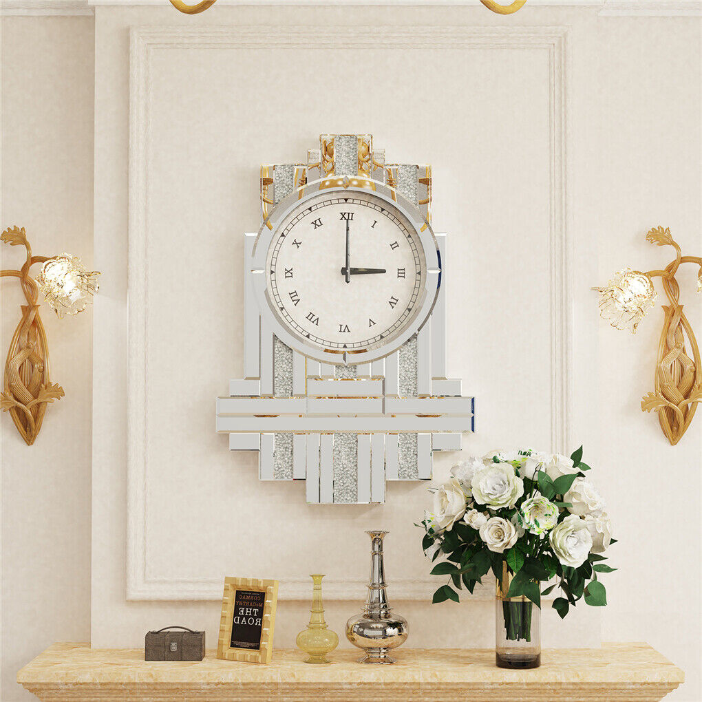 Unique Crystal Wall Hanging Clock Decorative Silver Mirror Silent Quartz Clock