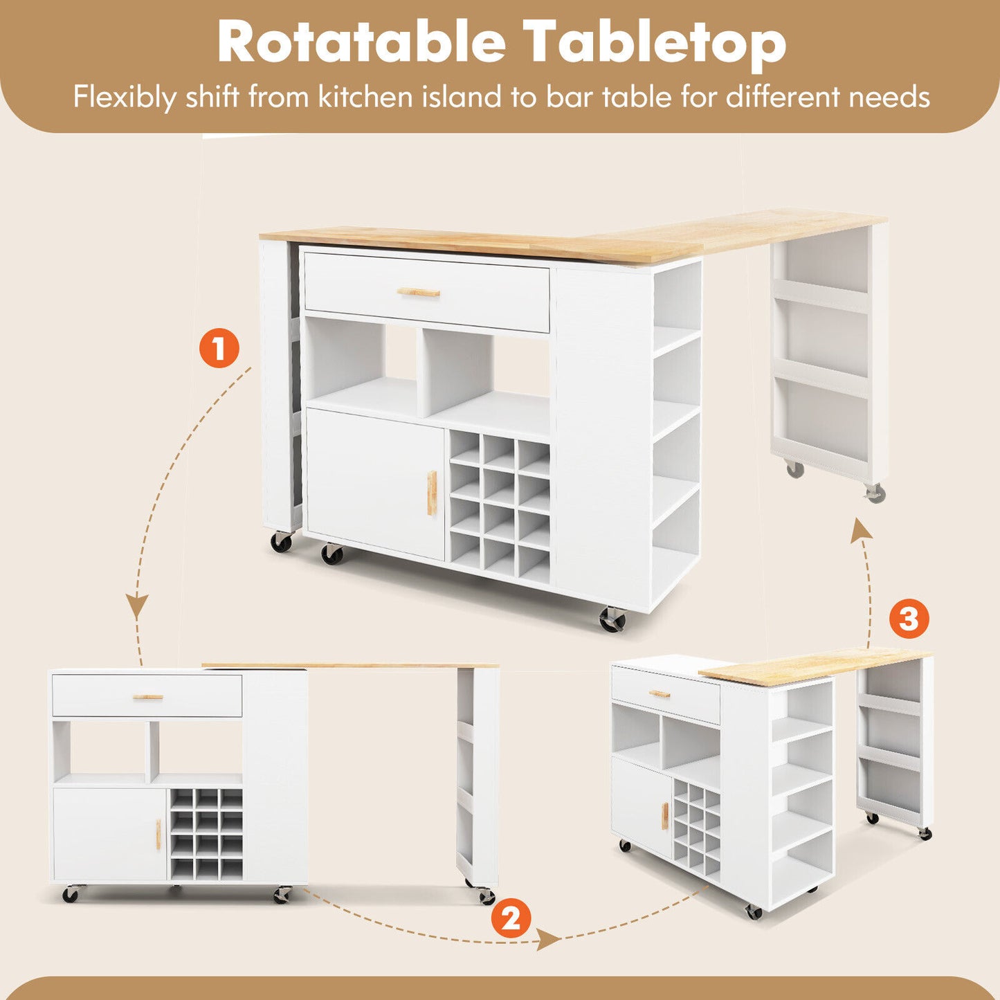 Giantex 2-in-1 Kitchen Island Cart Bar Table Combo w/12-Bottle Wine Rack, White