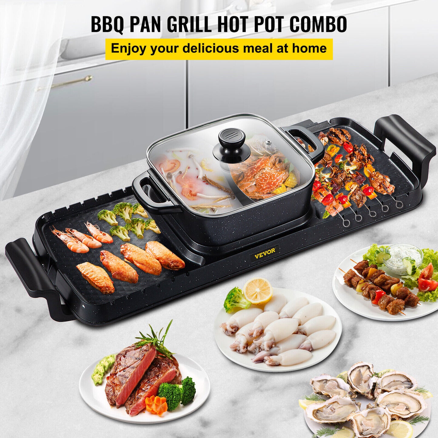 VEVOR Electric BBQ Grill Hot Pot Oven Pan 3in1 Barbecue Grill 2400W Plate Home