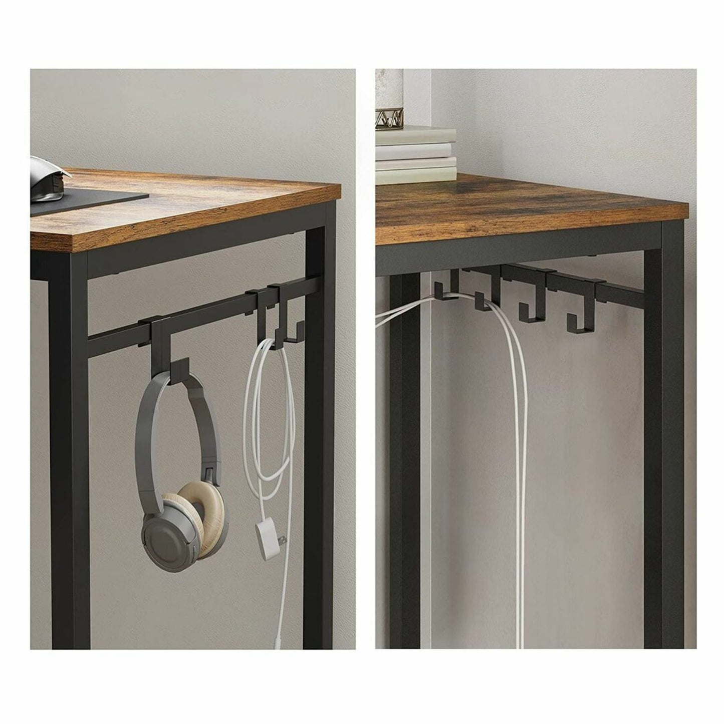 Vasagle Rustic Brown and Black Computer Desk with 8 Hooks 140cm