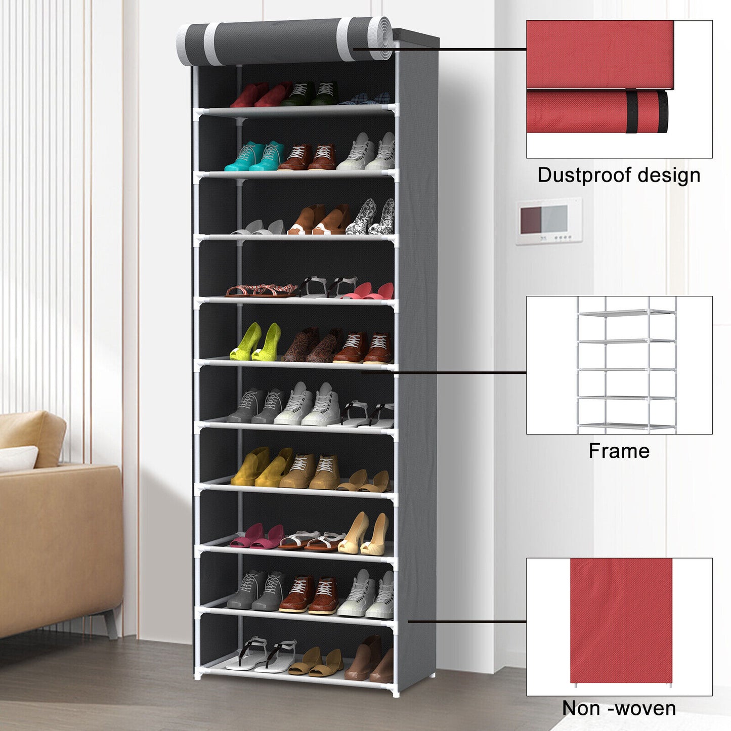 11 Layer 10 Shelf Shoes Cabinet Storage Organiser Shoe Rack Dustproof Standing