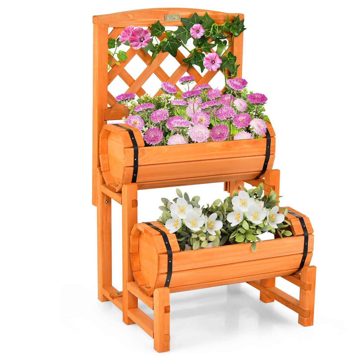 2-Tier Wooden Raised Garden Bed Container w/2 Cylindrical Planter Boxes& Trellis