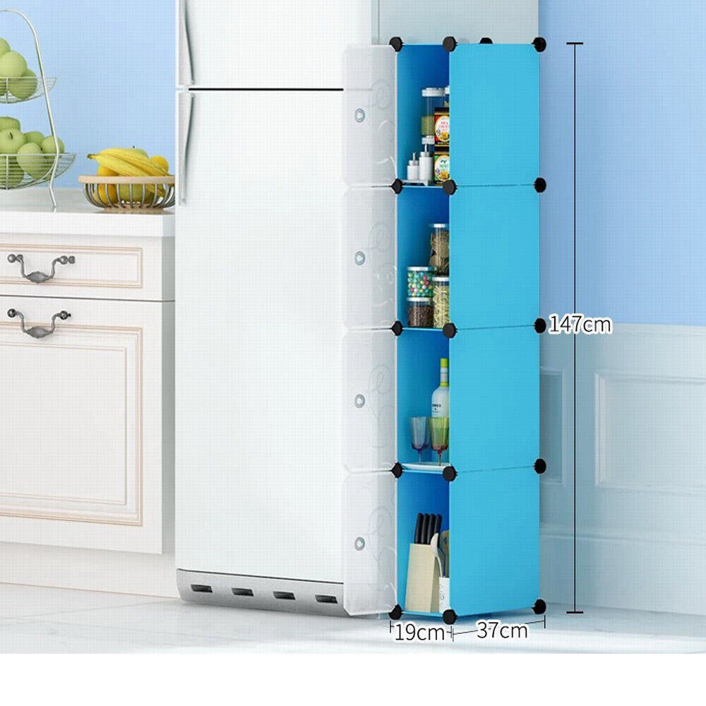 4 Tier DIY Cube Storage Tower Cabinet Slim Organisser Kitchen Shoe Bathroom Blue