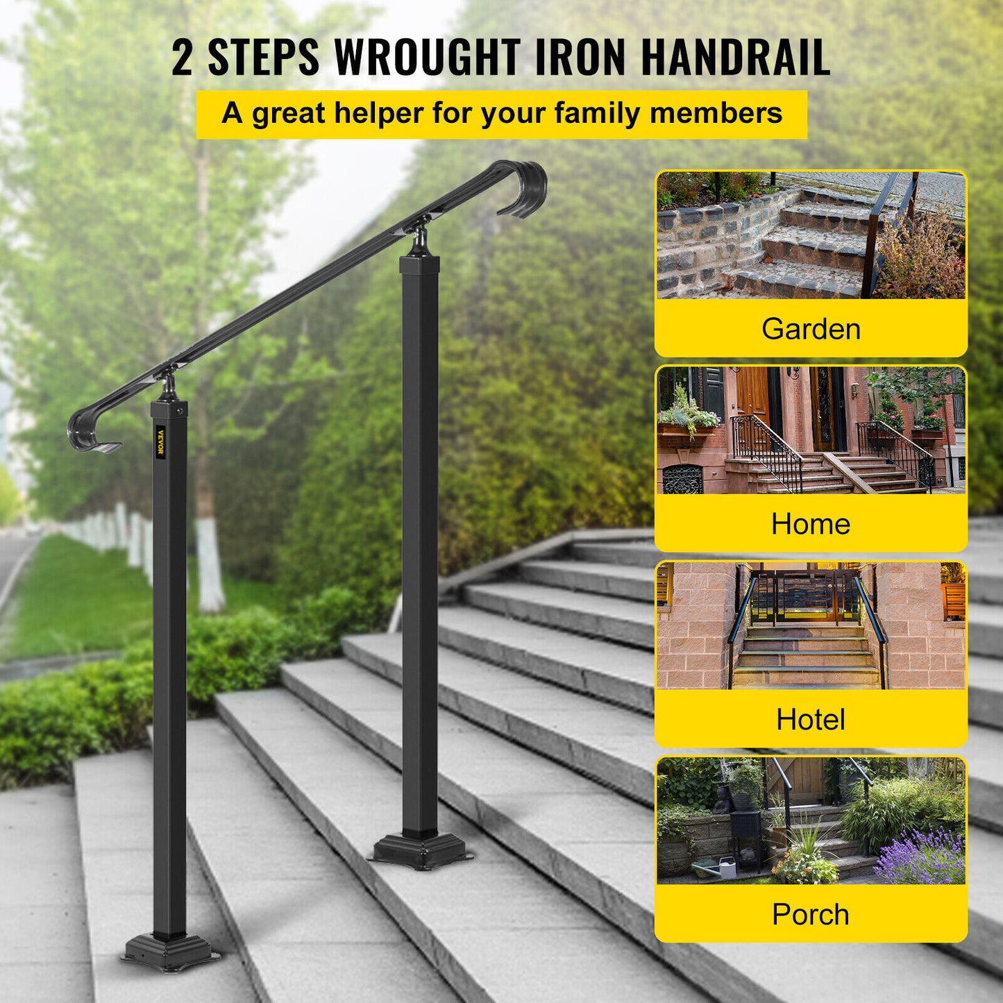 VEVOR Adjustable Iron Handrail Black Fit 2 or 3 Steps Handrail Concrete Decor