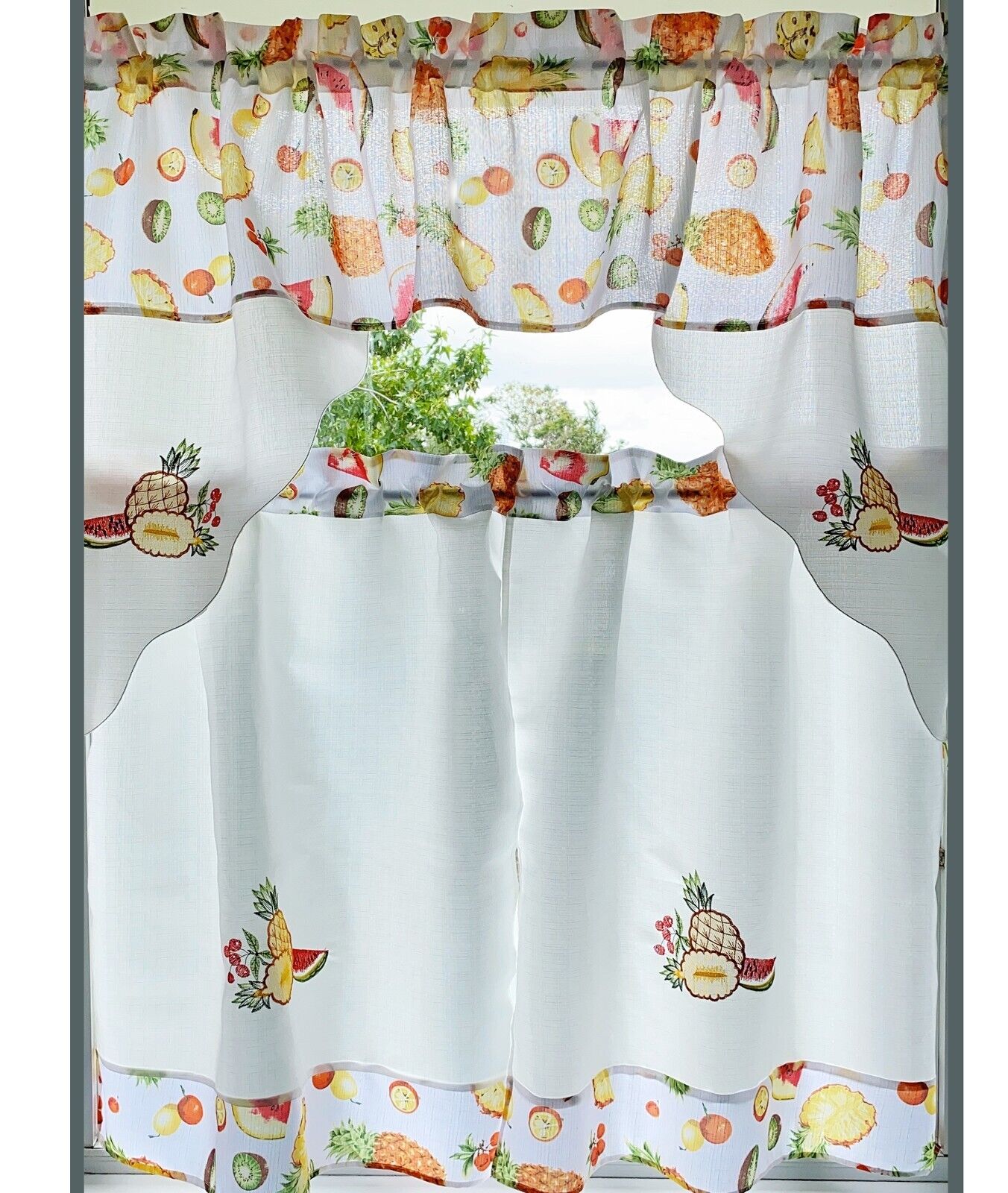 3 Piece Kitchen Cafe Curtain Fruit Print/Embroidered Kitchen Window Curtain Set