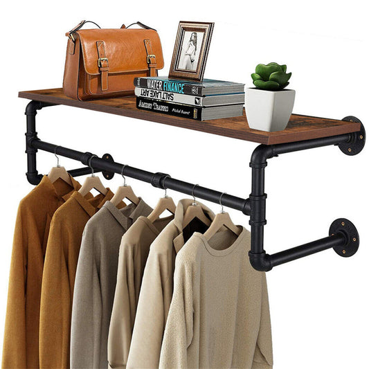 104cm Pipe Clothes Rail Wall Mounted Garment Hanging Rack Wardrobe with Shelf