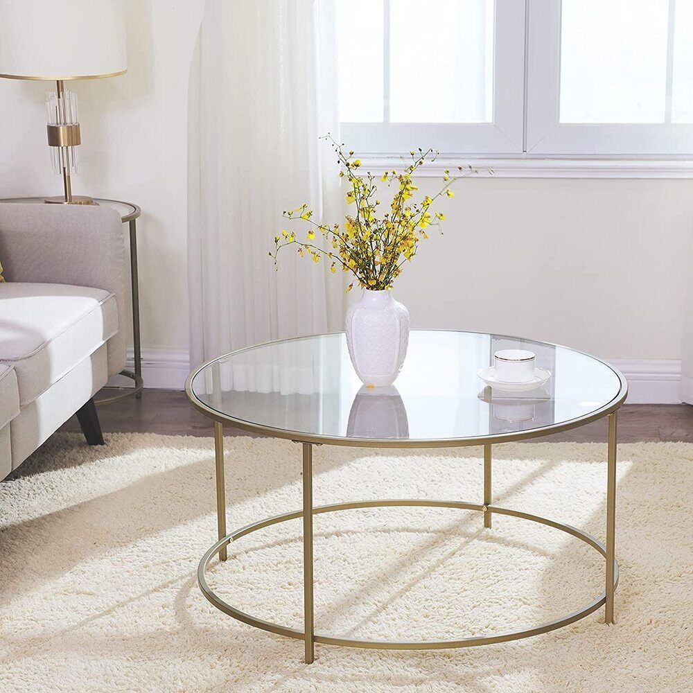 Vasagle Round Tempered Glass Coffee Table Side Table Sofa Table Metal Frame