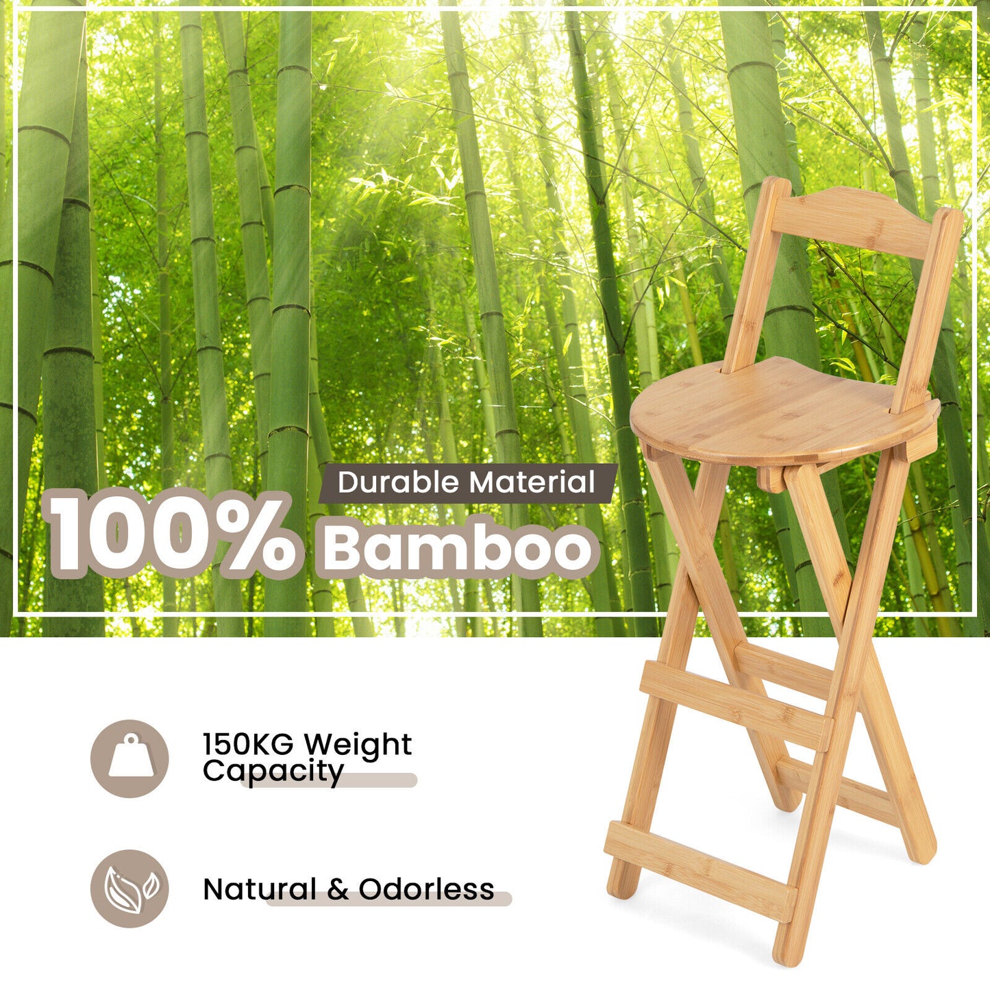 Giantex 2-Pack Folding Bamboo Bar Stools Wooden Counter Height Dining Chairs