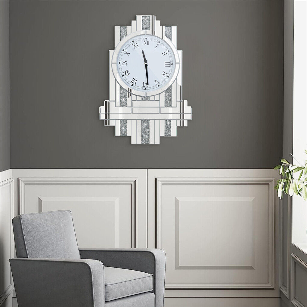 Unique Crystal Wall Hanging Clock Decorative Silver Mirror Silent Quartz Clock