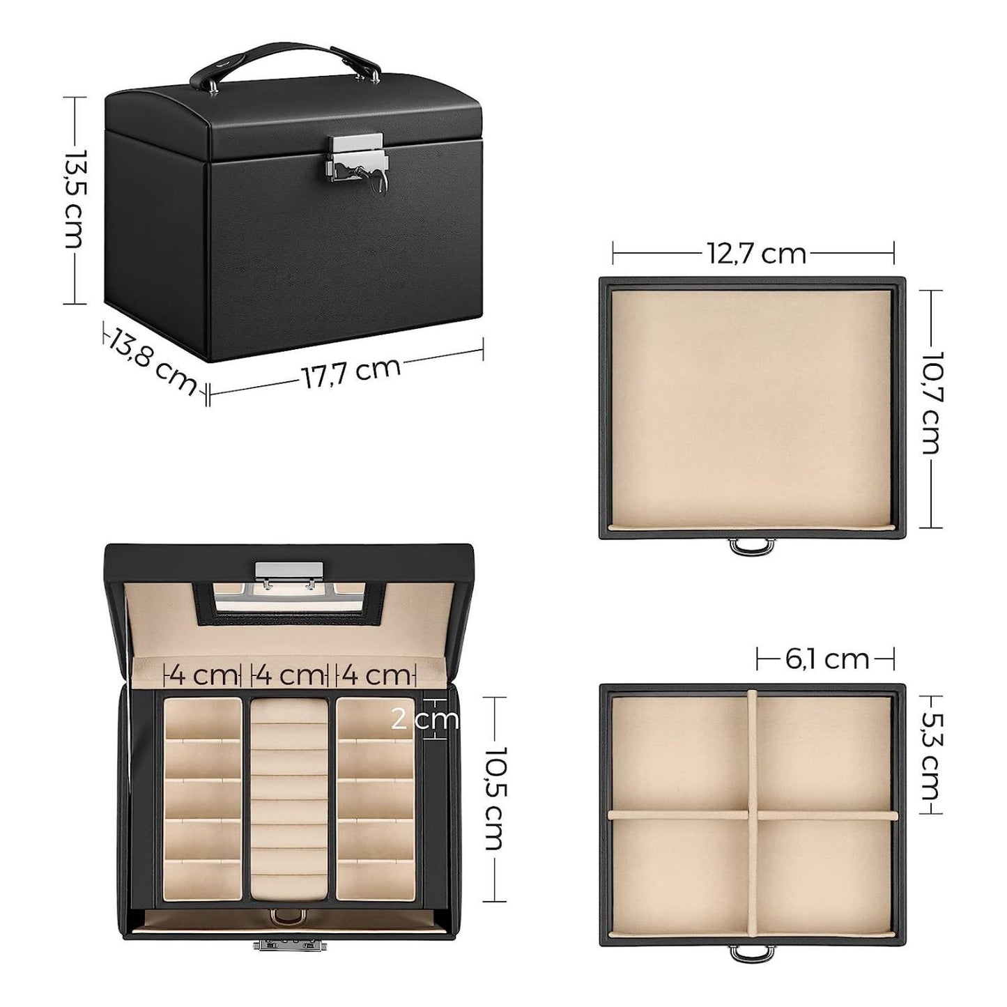 Songmics Lockable Jewellery Box Case with 2 Drawers and Mirror Black