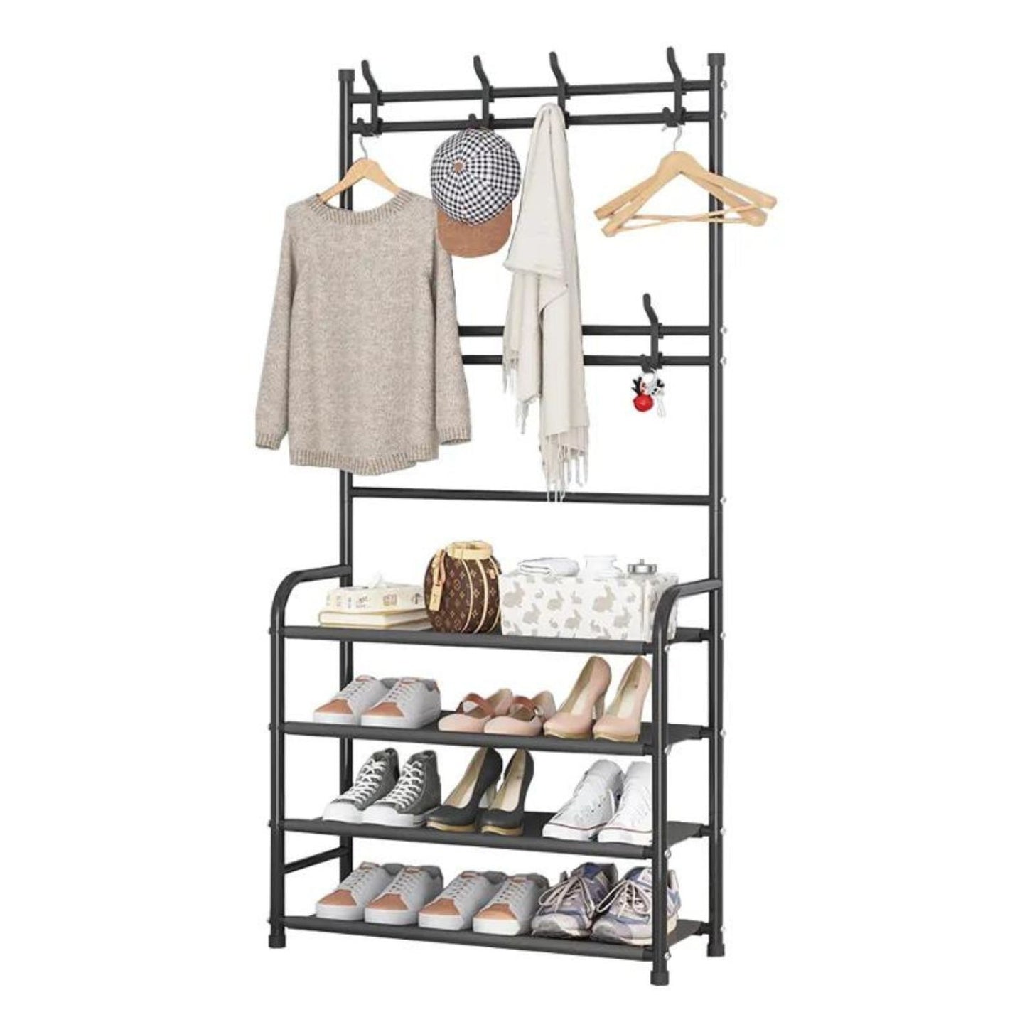 Gominimo Clothes Rack with 4-Tier Shoe Rack Shelves and 8 Hooks Black