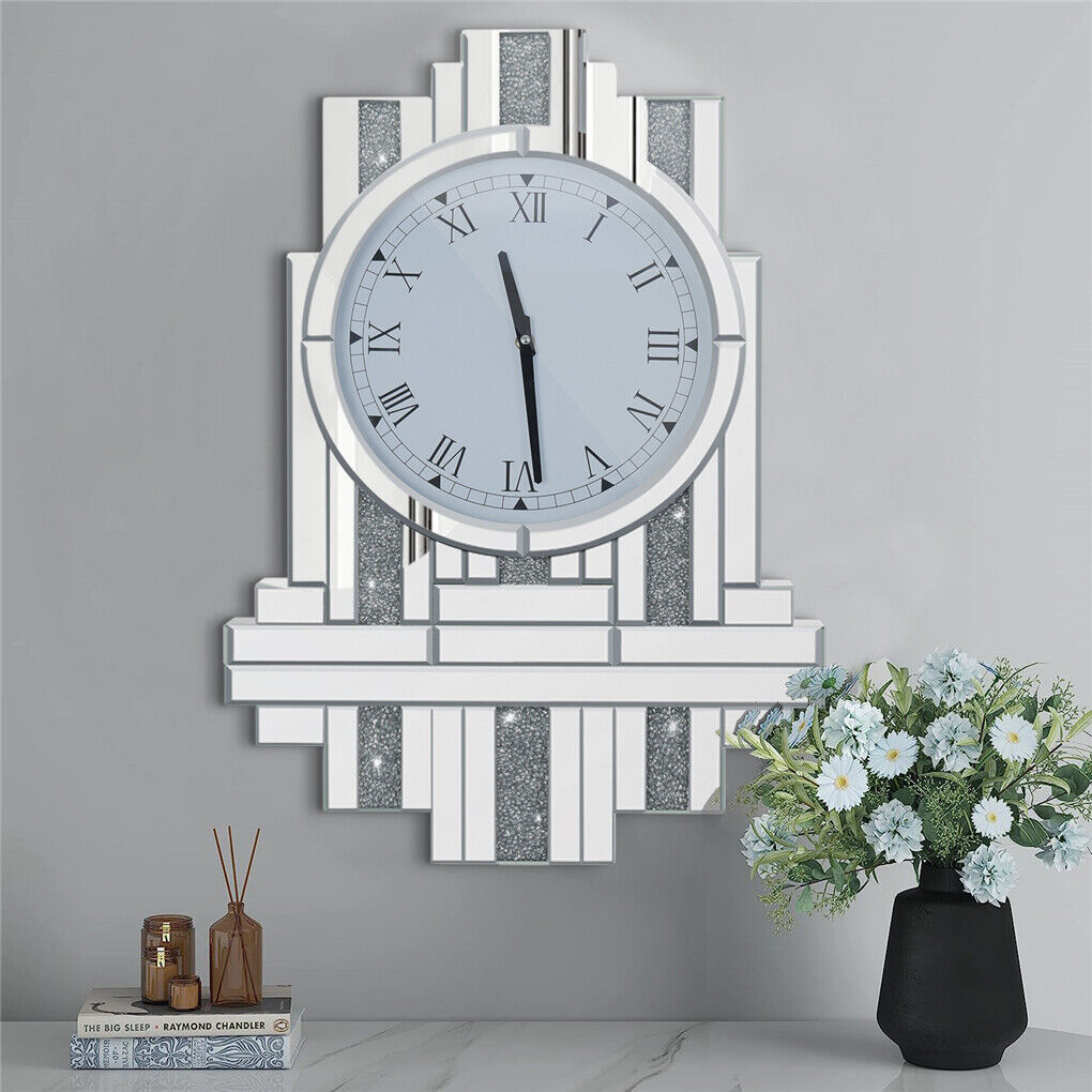 Unique Crystal Wall Hanging Clock Decorative Silver Mirror Silent Quartz Clock