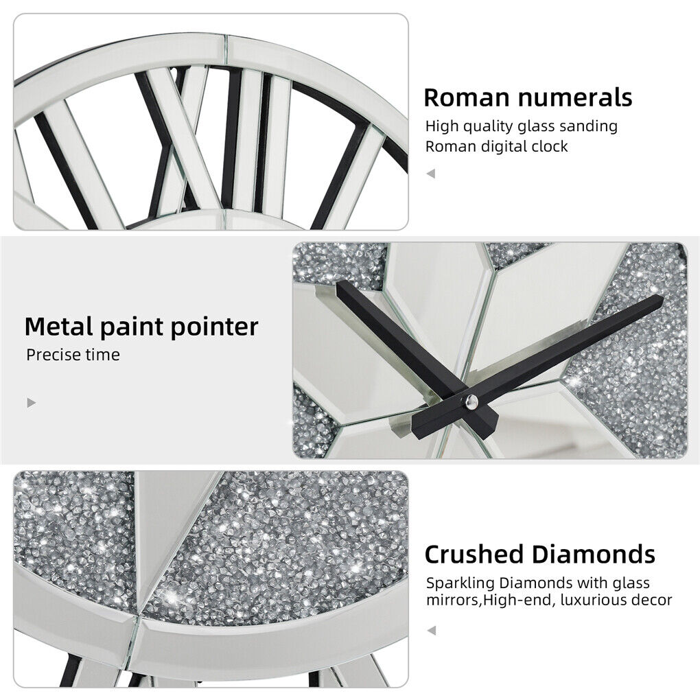 Sparkle Twinkle Crystal Diamond Wall Clock Silver Mirror Wall Decor Big Clocks