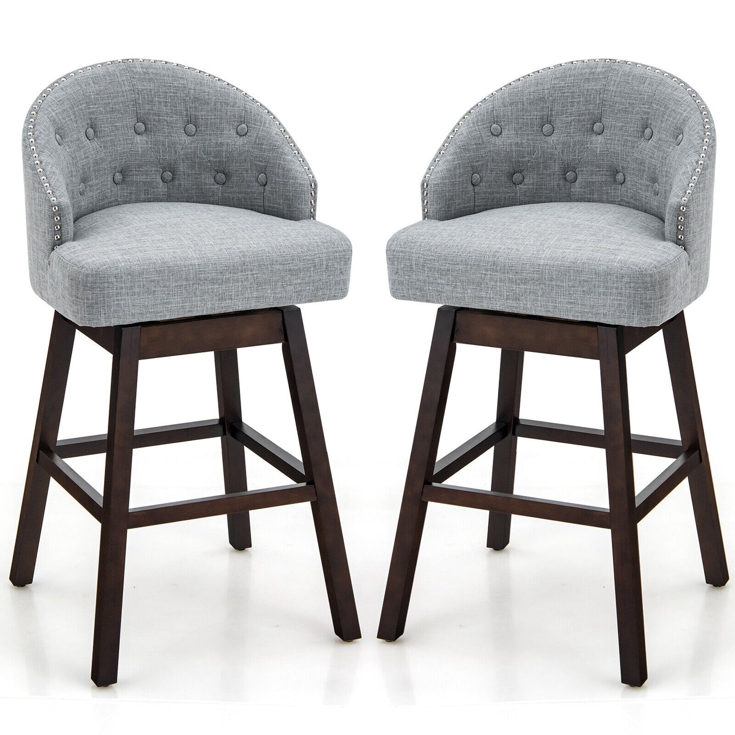 Set of 2 Swivel Bar Stools Tufted Bar Height Pub Chairs w/ Rubber Wood Legs