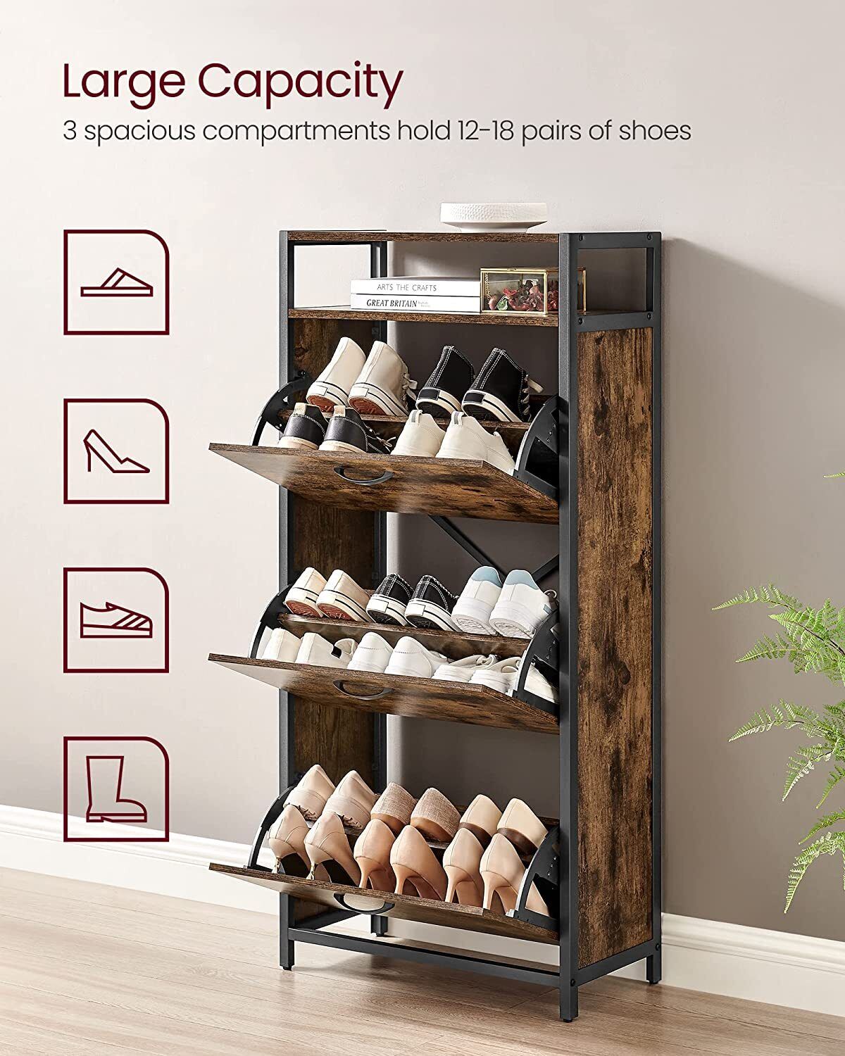 Vasagle 3 Tier Shoe Cabinet Wooden Shoe Rack Storage Organiser Shelf Cupboard