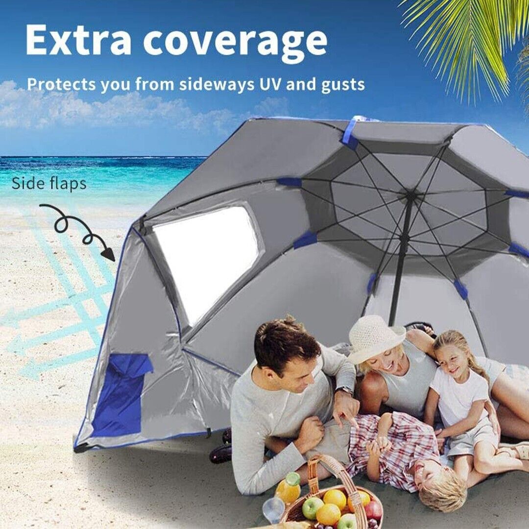 Premium Multifunctional Umbrella Beach, Blue With Carry Bag, Air Vent & Side Pan