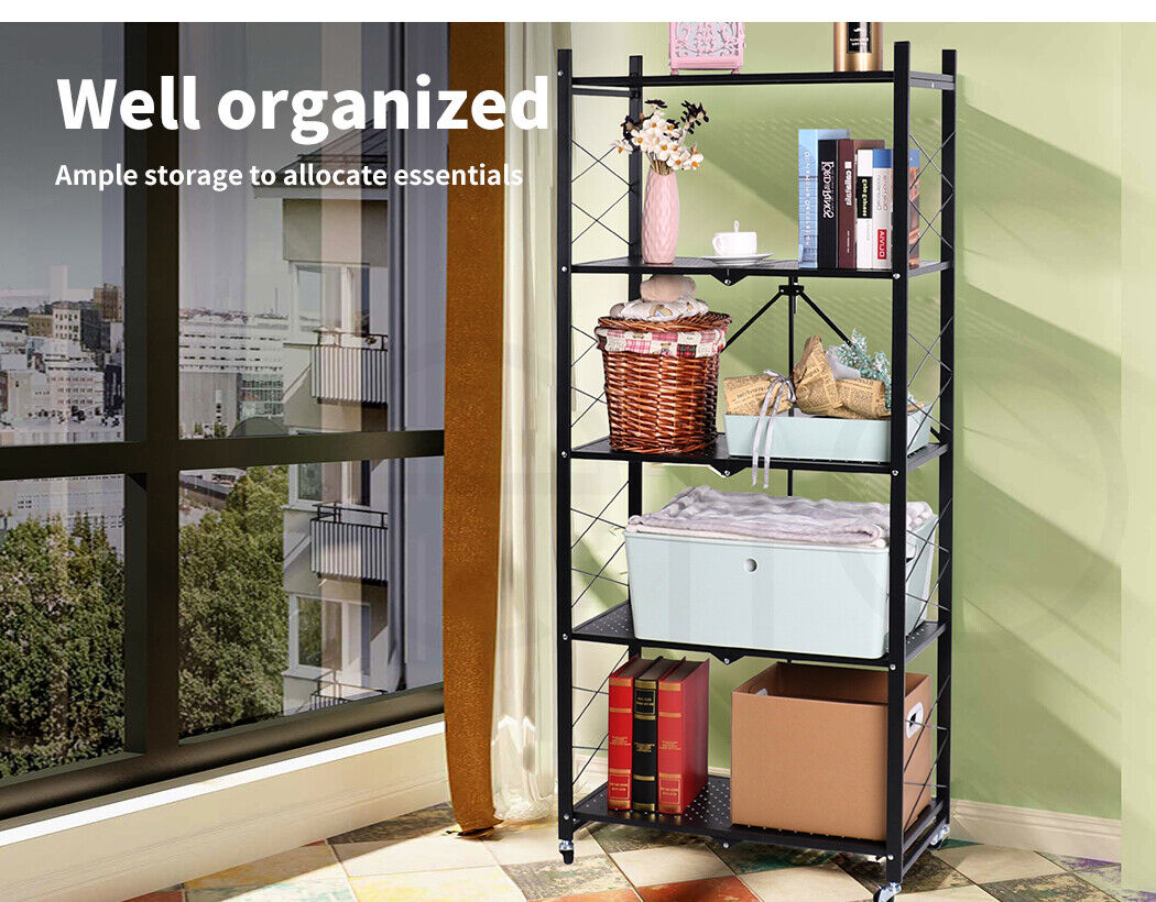 Levede Foldable Storage Shelf Display Rack Bookshelf Bookcase Wheel Collapsible