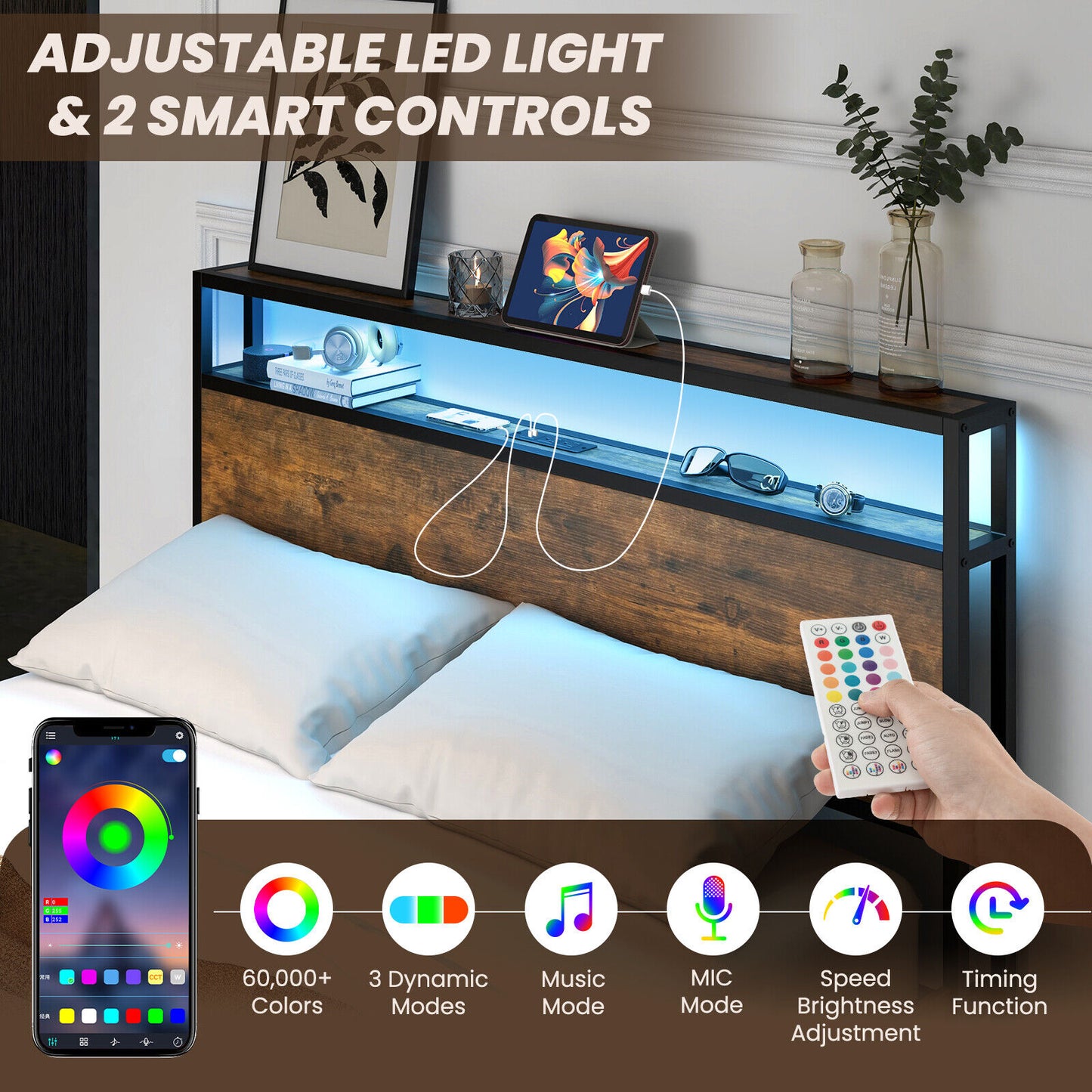 Queen Metal Bed Frame w/ Smart LED Lights & Charging Station Rustic Brown