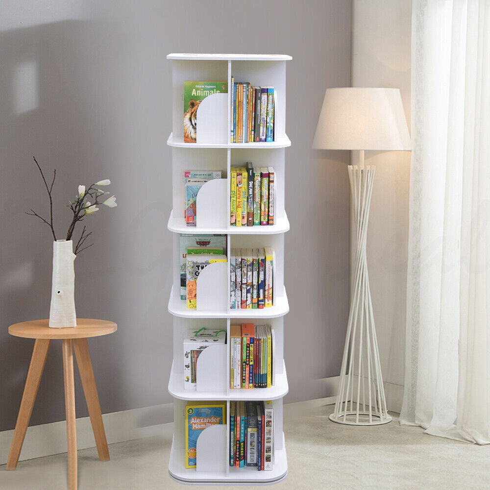 5 Tiers 360 Degrees Rotating Swivel Bookshelf Display Shelf White 159cm Square