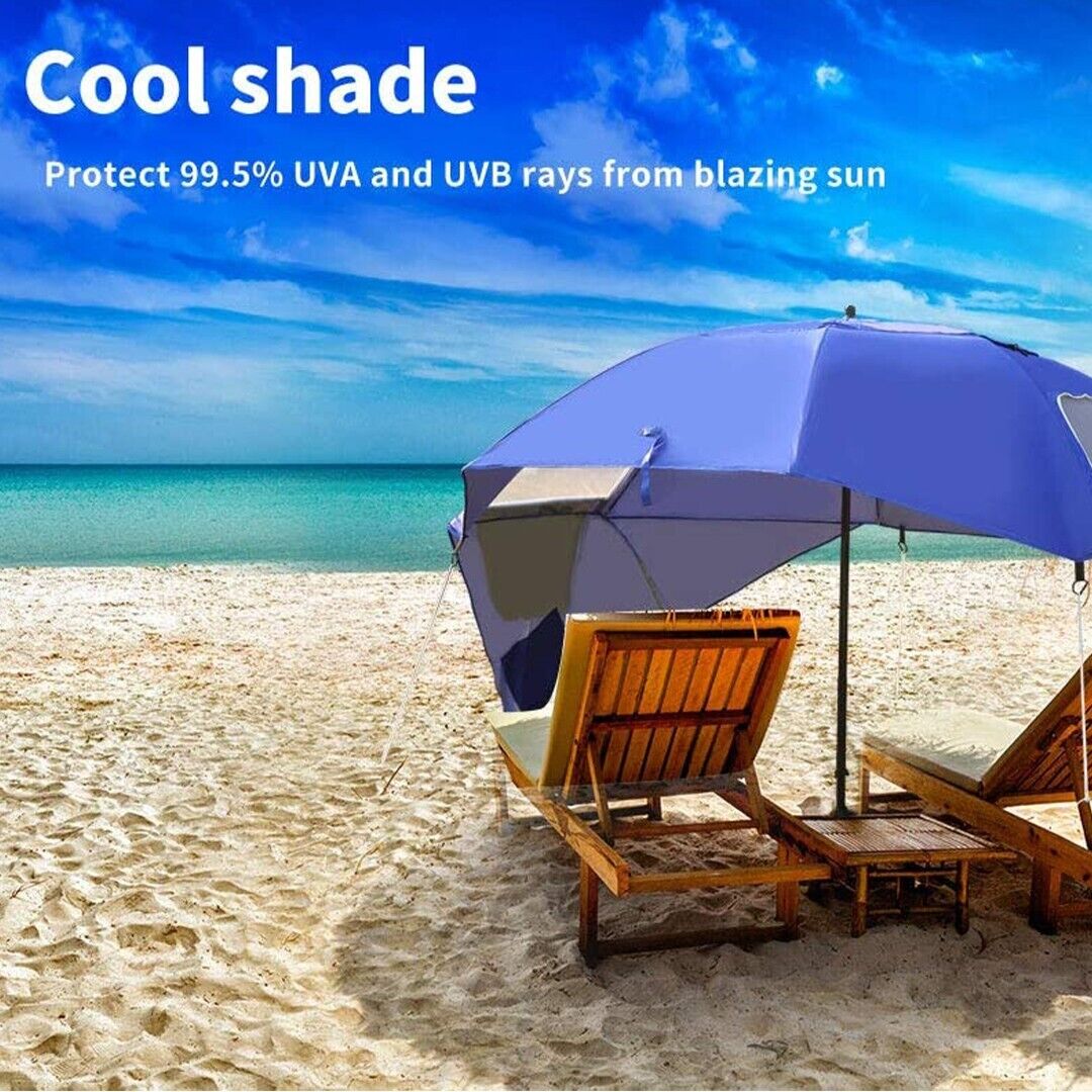 Premium Multifunctional Umbrella Beach, Blue With Carry Bag, Air Vent & Side Pan