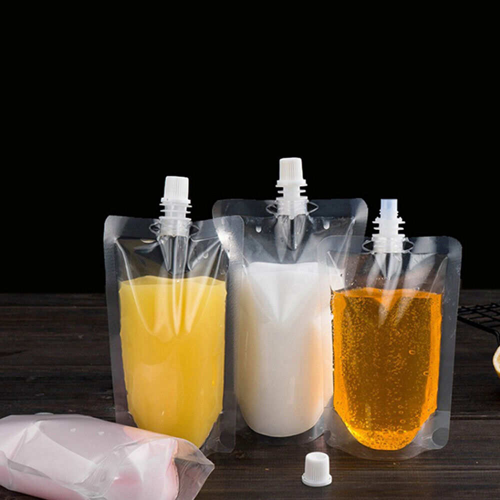 10PCS 250ML Clear Plastic Spout Flask Bladder Bags Alcohol Pouch Leak Proof Cap