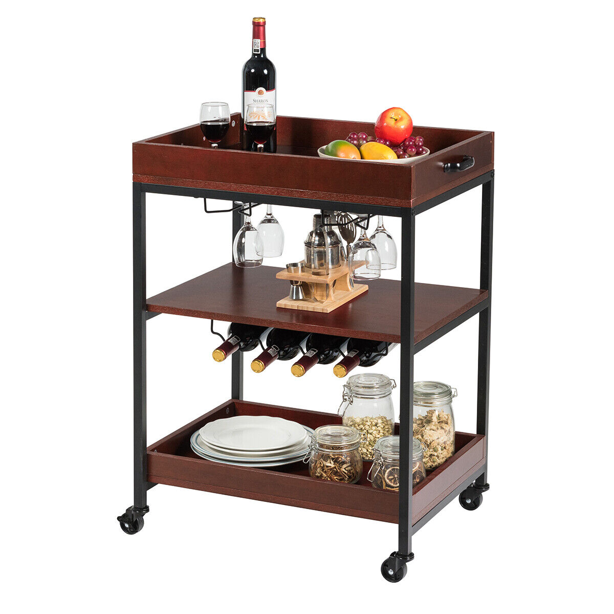 Giantex Kitchen Serving Cart Utility Trolley Cart 3-Tier Shelf w/ Glass Holder