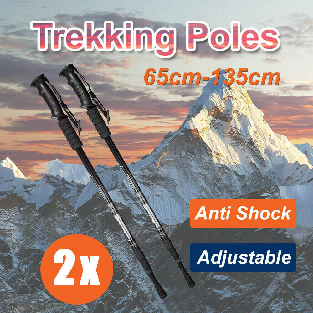 2x Hiking Trekking Poles Walking Stick Adjustable Camping Black Lightweight