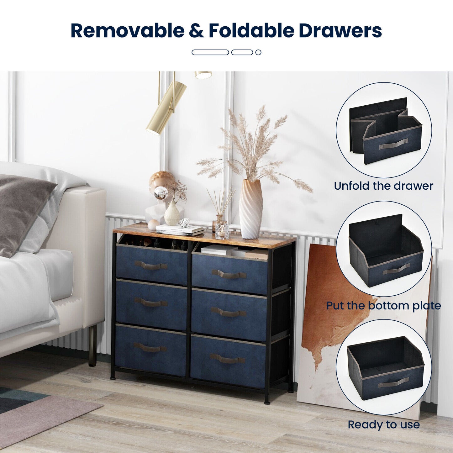 6-Drawer Dresser Organiser Closet Storage Cabinet w/ Foldable Fabric Drawer