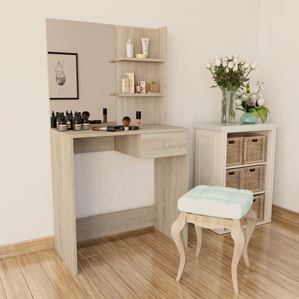 Makeup Dressing Table With Mirror Modern Vanity Desk Shelves Drawer Chipboard